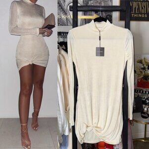 Jluxlabel Jayda Cream Ivory Long Sleeve Knot Front High Neck Mini Dress